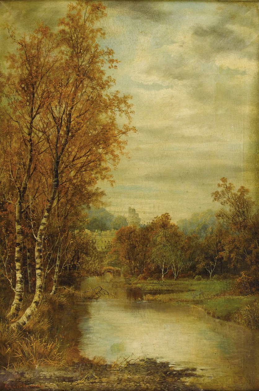 Syksyn maisema lampi ja linnan torni tekijältä Alfred Augustus Glendening