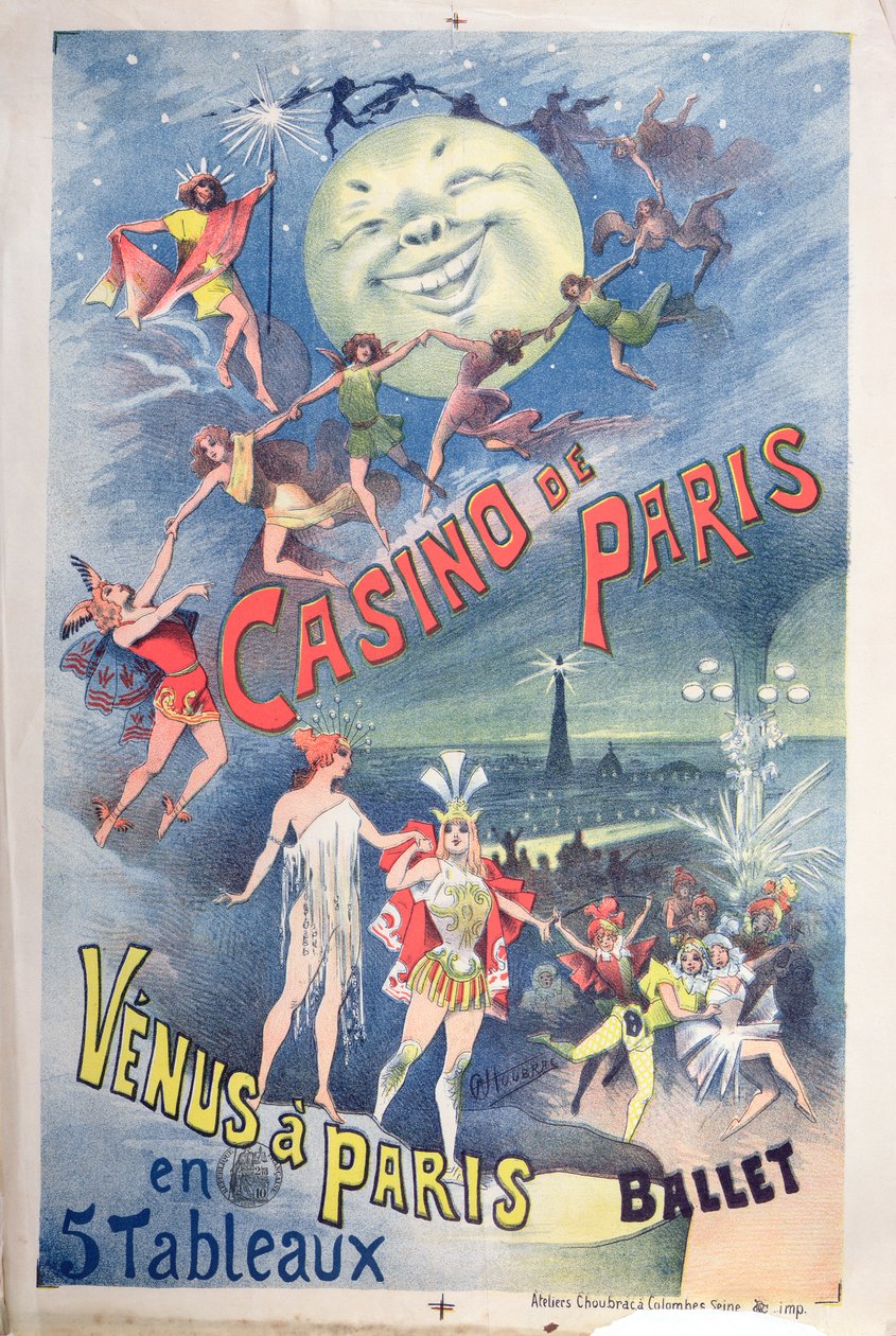 Juliste, joka mainostaa Revue "Venus a Paris" Casino de Parisissa 1800-luvun lopulla tekijältä Alfred Choubrac