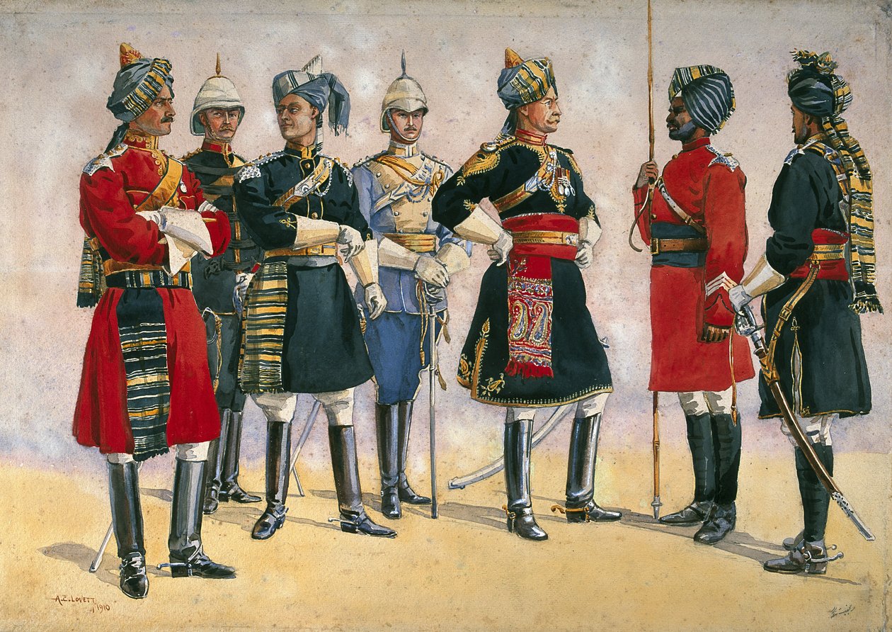 Brittiläiset upseerit, Intian armeija, kuvitus teokselle "Armies of India", julkaistu 1911, 1910 tekijältä Alfred Crowdy Lovett