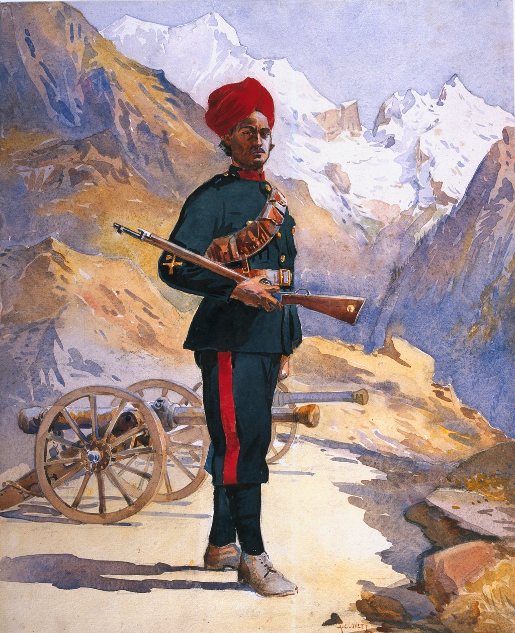 Gunner of the Mountain Battery, Punjabi Musalman, kuvitus "Armies of India" majuri G.F. MacMunn, julkaistu 1911, 1908 tekijältä Alfred Crowdy Lovett