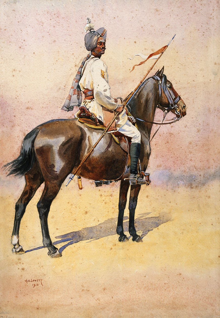 Jodphur Sardar Risala, Ratore Rajput, kuvitus majuri G.F.:lle "Armies of India" MacMunn, julkaistu 1911, 1910 tekijältä Alfred Crowdy Lovett
