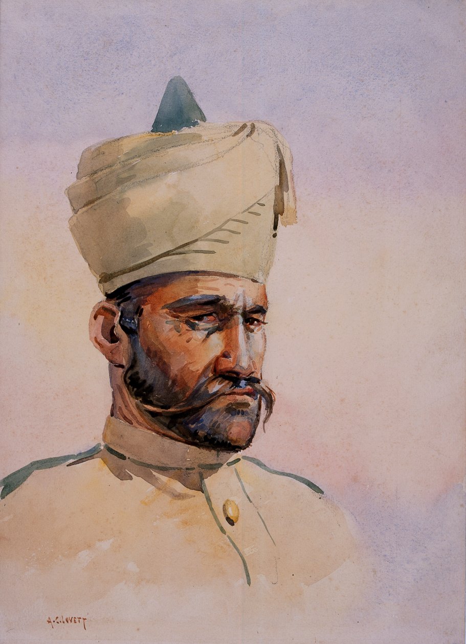 Soldier of the 40th Pathans, Malikdin Khel (Afridi), kuvitus majuri G.F.:lle "Armies of India" MacMunn, julkaistu 1911, 1908 tekijältä Alfred Crowdy Lovett