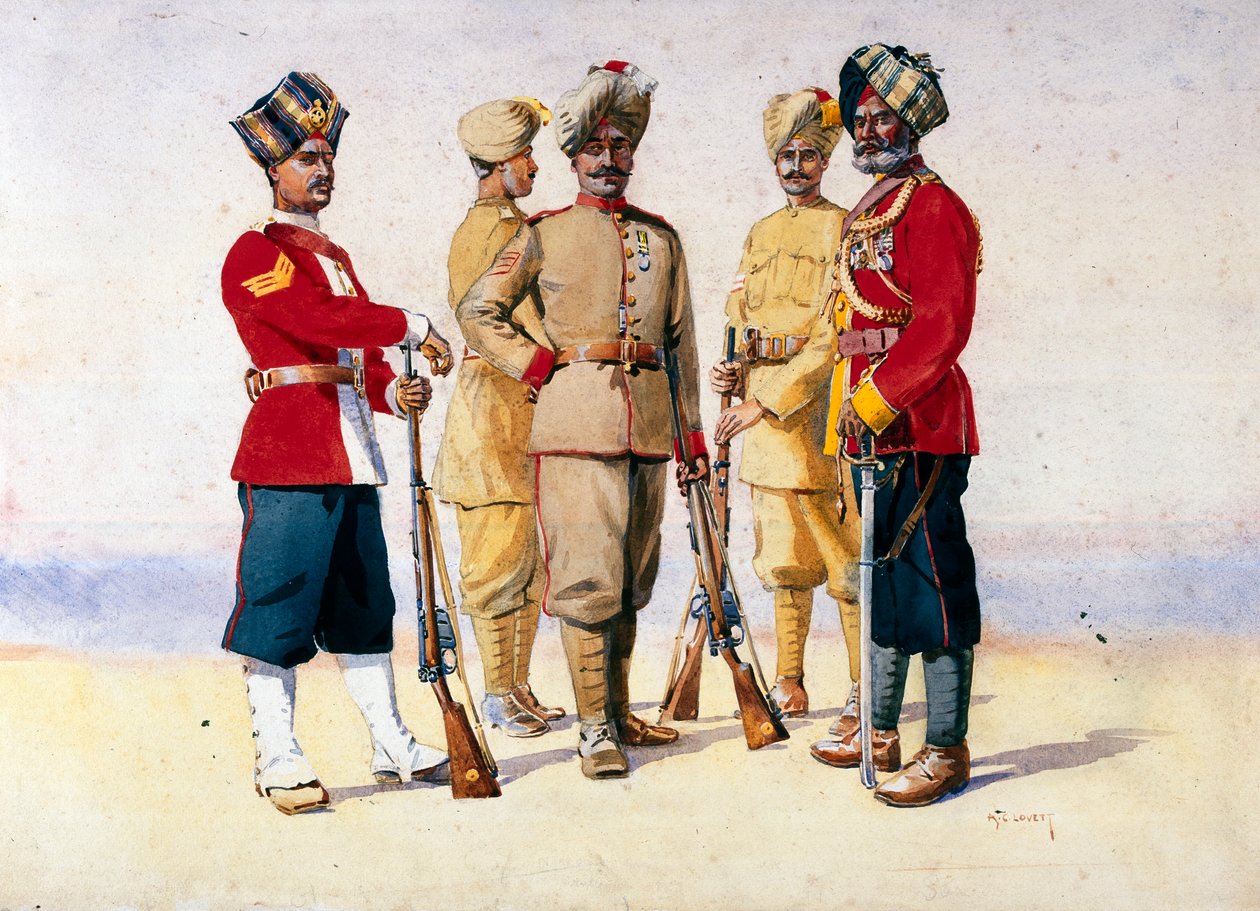 Eri rykmenttien sotilaat, kuvitus majuri G.F.:lle "Armies of India" MacMunn, julkaistu 1911, 1908 tekijältä Alfred Crowdy Lovett
