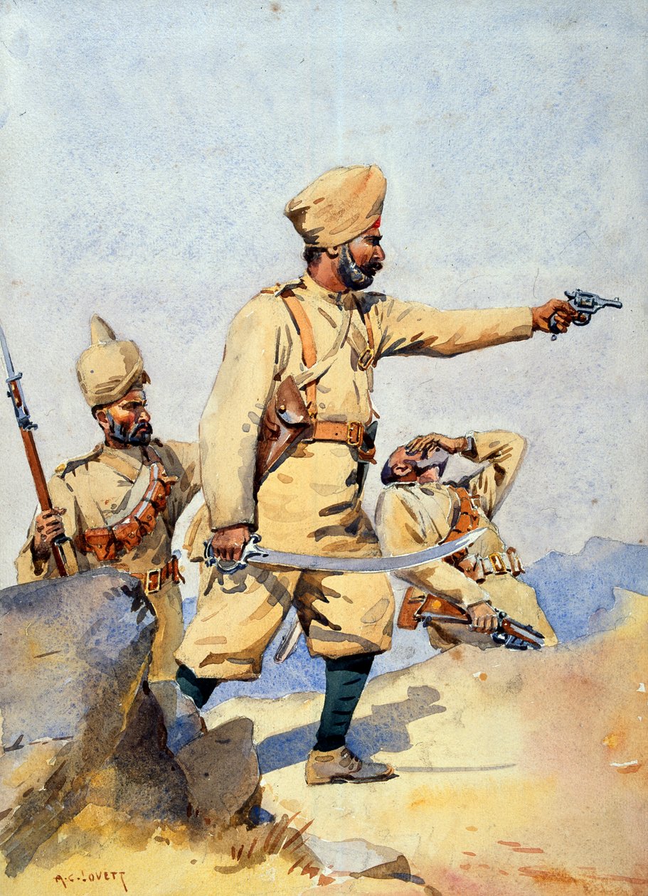 Sotilaat 24. Punjabis Malik Din Khel (Afridi) ja Subadar, Jay Sikh, kuvitus "Armies of India" majuri G.F. MacMunn, julkaistu 1911, 1908 tekijältä Alfred Crowdy Lovett