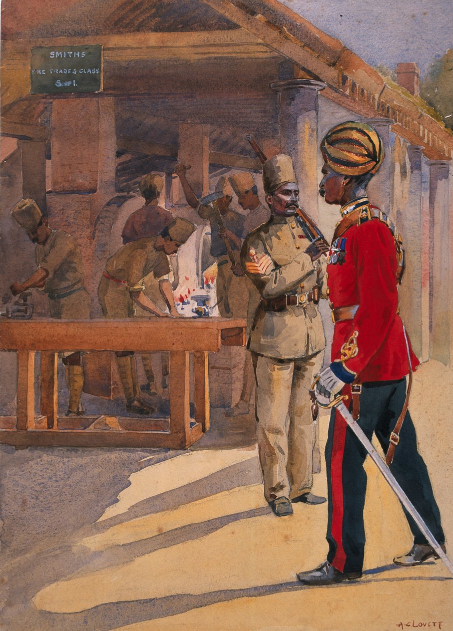 2. kuningattaren omien sappers and miners -joukkojen sotilaat "The Workshopin" ulkopuolella Havildar, subedar, majuri G.F. MacMunnin "Armies of India" -teoksen kuvitus, julkaistu 1911, 1908. tekijältä Alfred Crowdy Lovett