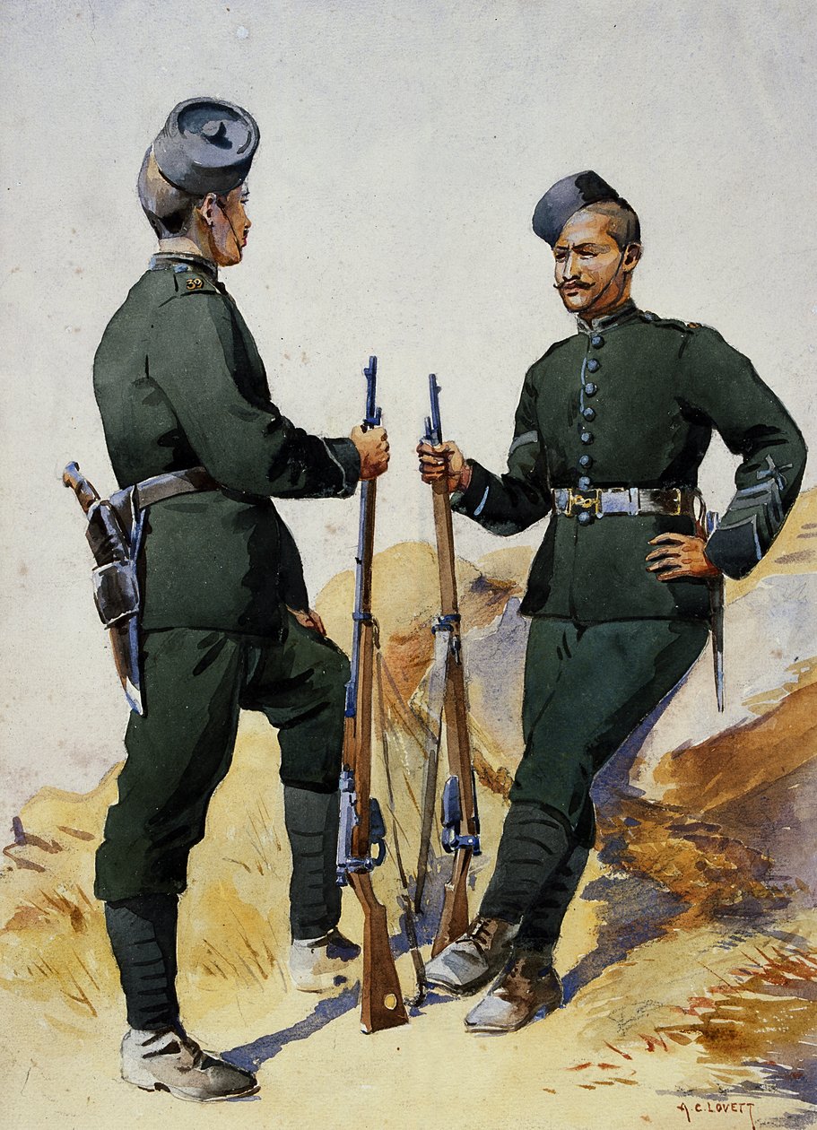 Soldiers of the 39th Garwhal Rifles, Garwhalis, kuvitus "Armies of India" majuri G.F. MacMunn, julkaistu 1911, 1908 tekijältä Alfred Crowdy Lovett