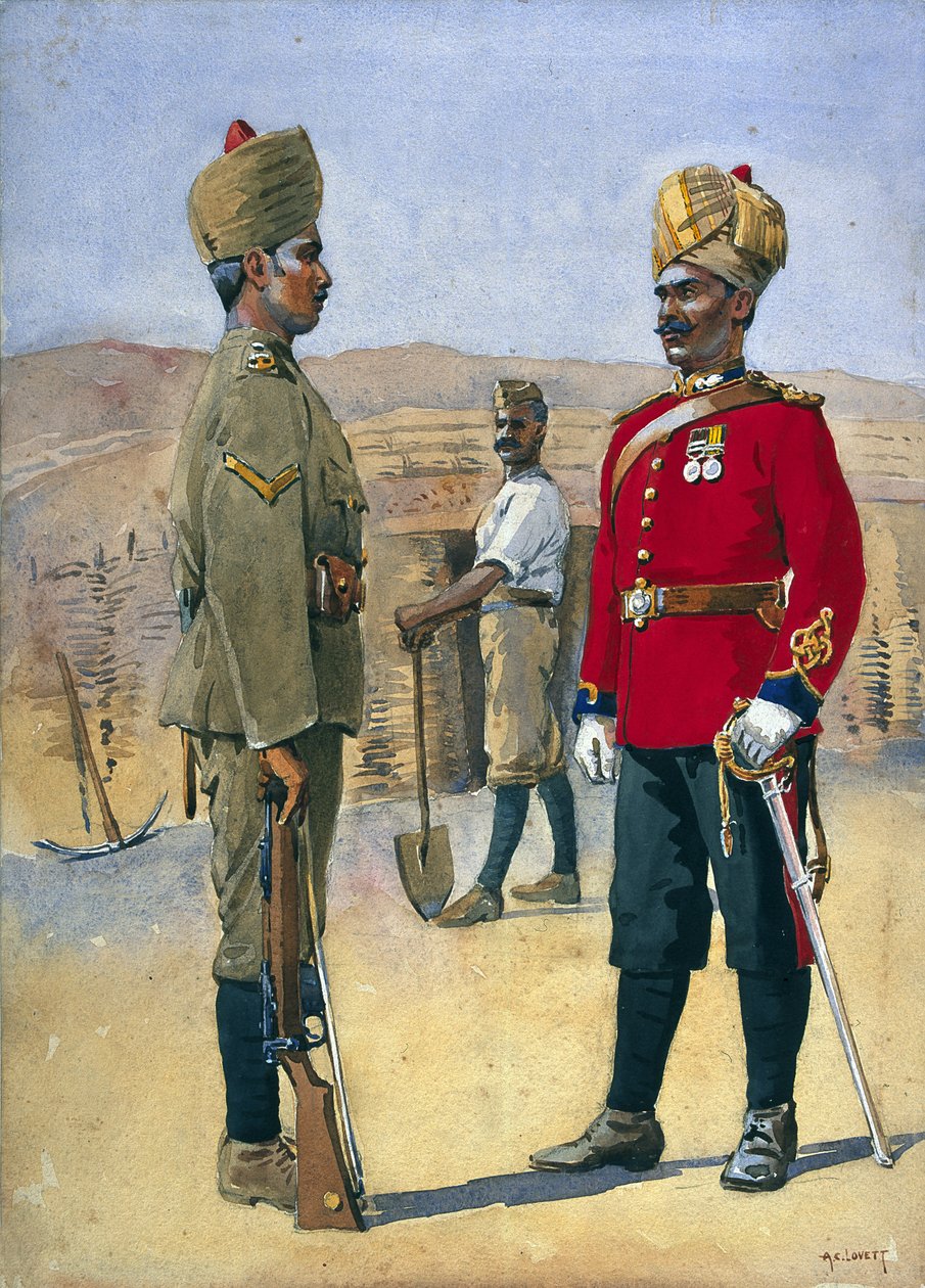 Sotilaat 3. Sappers and Miners Lance, Naik, Brahman of Oudh. Jemadah, Dekhani Mahratti, kuvitus "Armies of India" -majuri G.F. MacMunn, julkaistu vuonna 1911, 1908 99:mies; tekijältä Alfred Crowdy Lovett