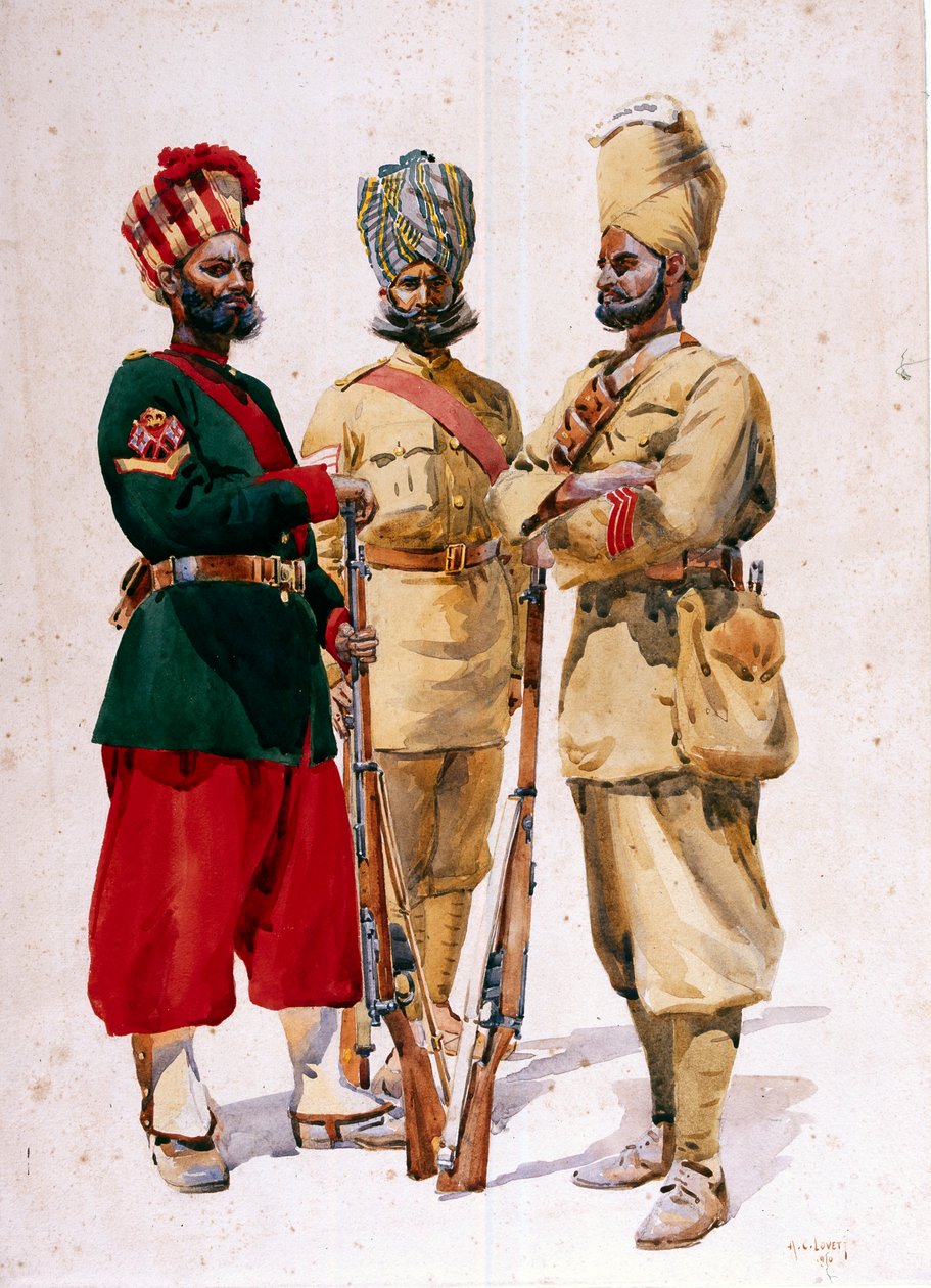 43. Erinpura-rykmentin, 44. Merwara-jalkaväen ja 108. jalkaväen sotilaat, kuvitus "Intian armeijat" -majuri G.F. MacMunn, julkaistu 1911, 1910 tekijältä Alfred Crowdy Lovett