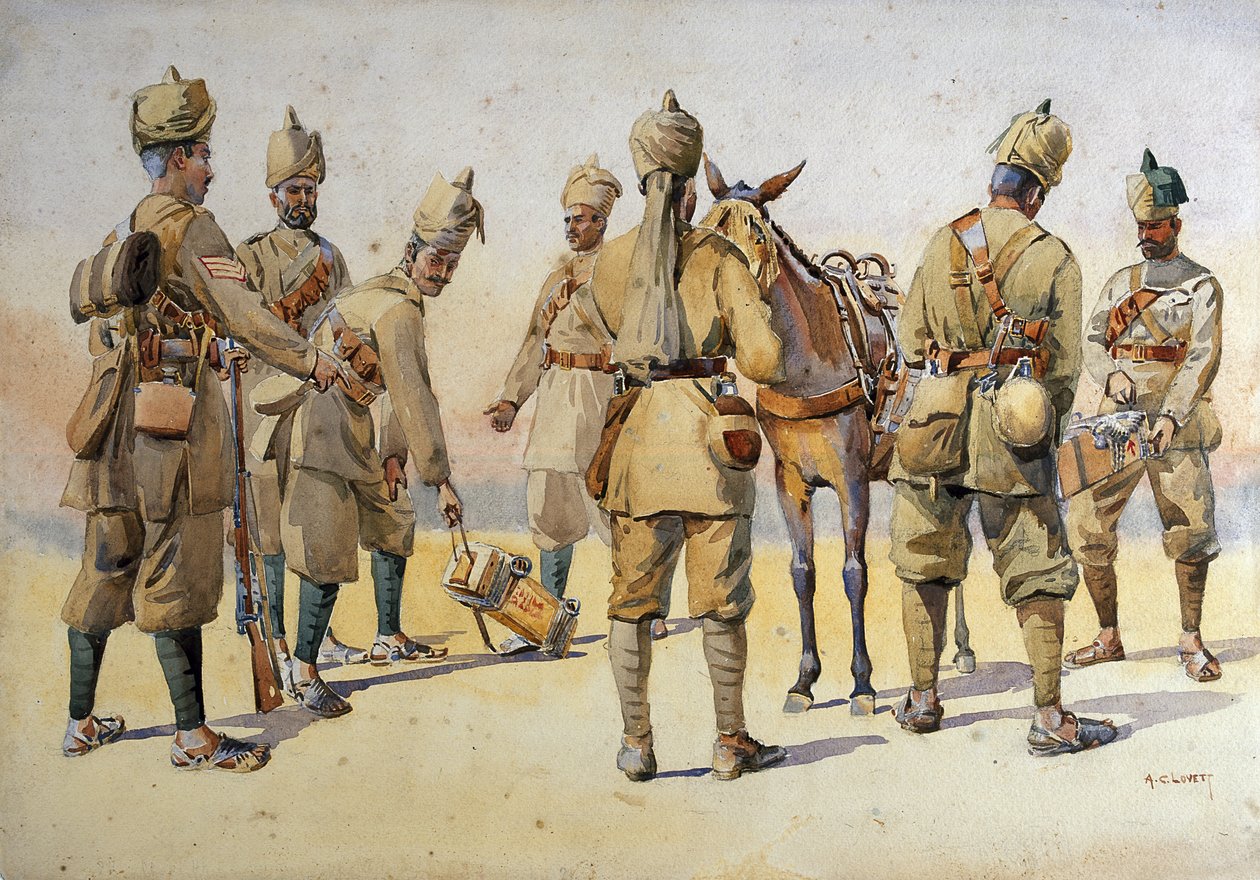 Sotilaat 46. ja 33. Punjabis, kuvitus "Armies of India" majuri G.F. MacMunn, julkaistu 1911, 1908 tekijältä Alfred Crowdy Lovett