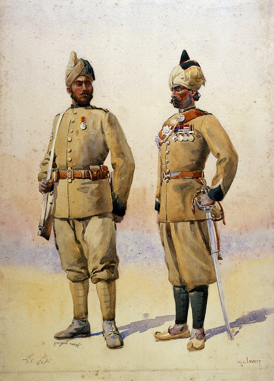 Soldiers of the Frontier Force, kuvitus "Armies of India":sta, majuri G.F. MacMunn, julkaistu 1911, 1908 tekijältä Alfred Crowdy Lovett