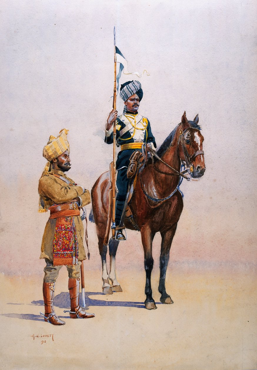 Mysoren kuljetusjoukkojen sotilaat, kuvitus majuri G.F.:n teoksesta "Armies of India" MacMunn, julkaistu 1911, 1910 tekijältä Alfred Crowdy Lovett