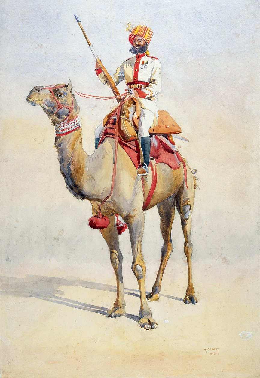 Sowar Bikanir Camel Corpsista, kuvitus "Intian armeijat" majuri G.F. MacMunn, julkaistu 1911, 1908 tekijältä Alfred Crowdy Lovett