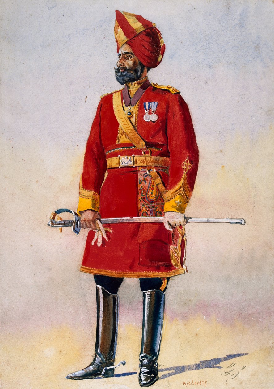 Bharatpurin jalkaväen komentaja, kuvitus majuri G.F.:lle "Armies of India" MacMunn, julkaistu 1911, 1908 tekijältä Alfred Crowdy Lovett