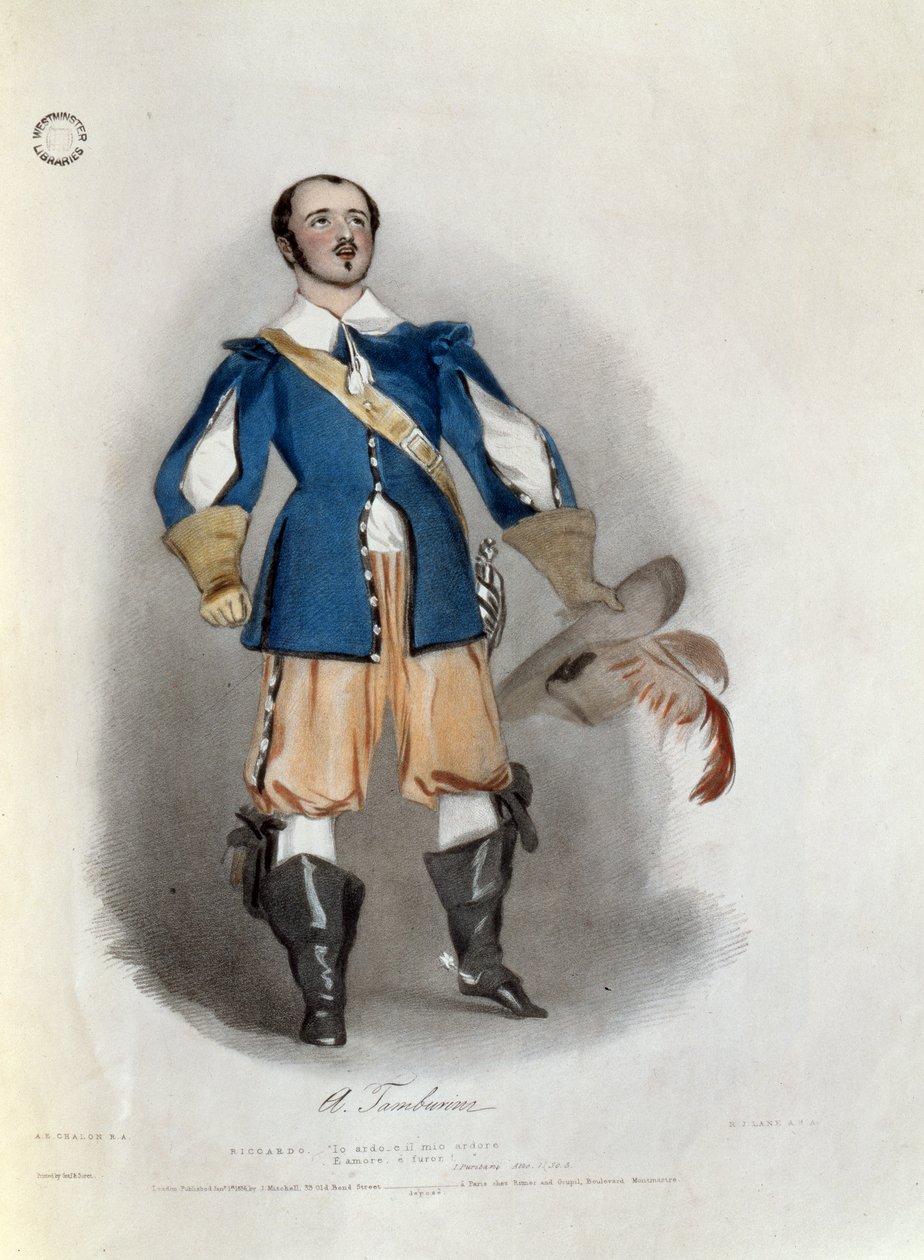 Antonio Tamburini (1800-76) Riccardona teoksessa "I Puritani", teoksesta "Recollections of the Italian Opera", kaiverrettu Richard James Lane (1800-72), 1836. tekijältä Alfred Edward Chalon