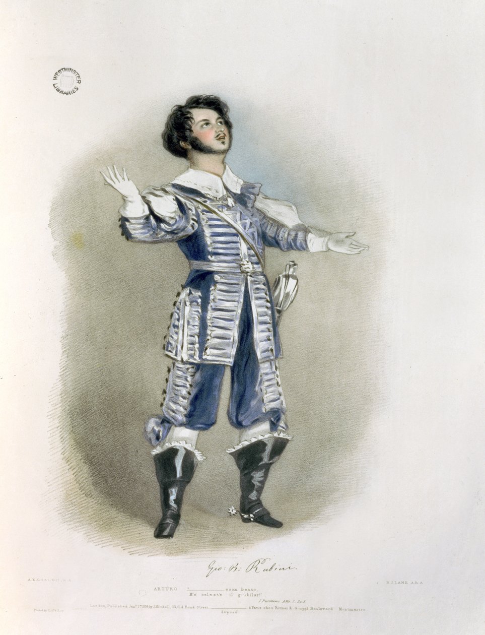 Giovanni Battista Rubini (1794-1854) Arturona elokuvassa "I Puritani", "Muistoja Italian oopperasta", kaiverrus Richard James Lane (1800-72), 1836 (katso todisteena 123980) tekijältä Alfred Edward Chalon