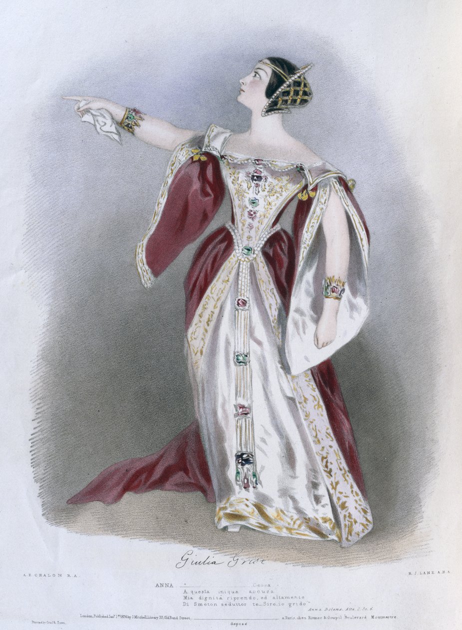 Giulia Grisi (1811-69) Anna Bolenan roolissa "Muistoja Italian oopperasta", kaiverrus Richard James Lane (1800-72) 1836 tekijältä Alfred Edward Chalon