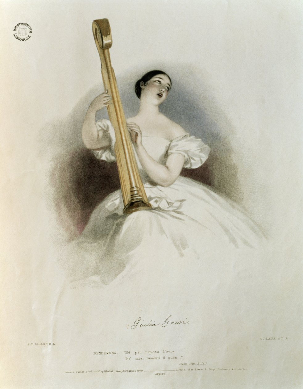 Giulia Grisi (1811-69) Desdemona Otellossa, teoksesta "Recollections of the Italian Opera", kaiverrettu Richard James Lane (1800-72) 1836. tekijältä Alfred Edward Chalon