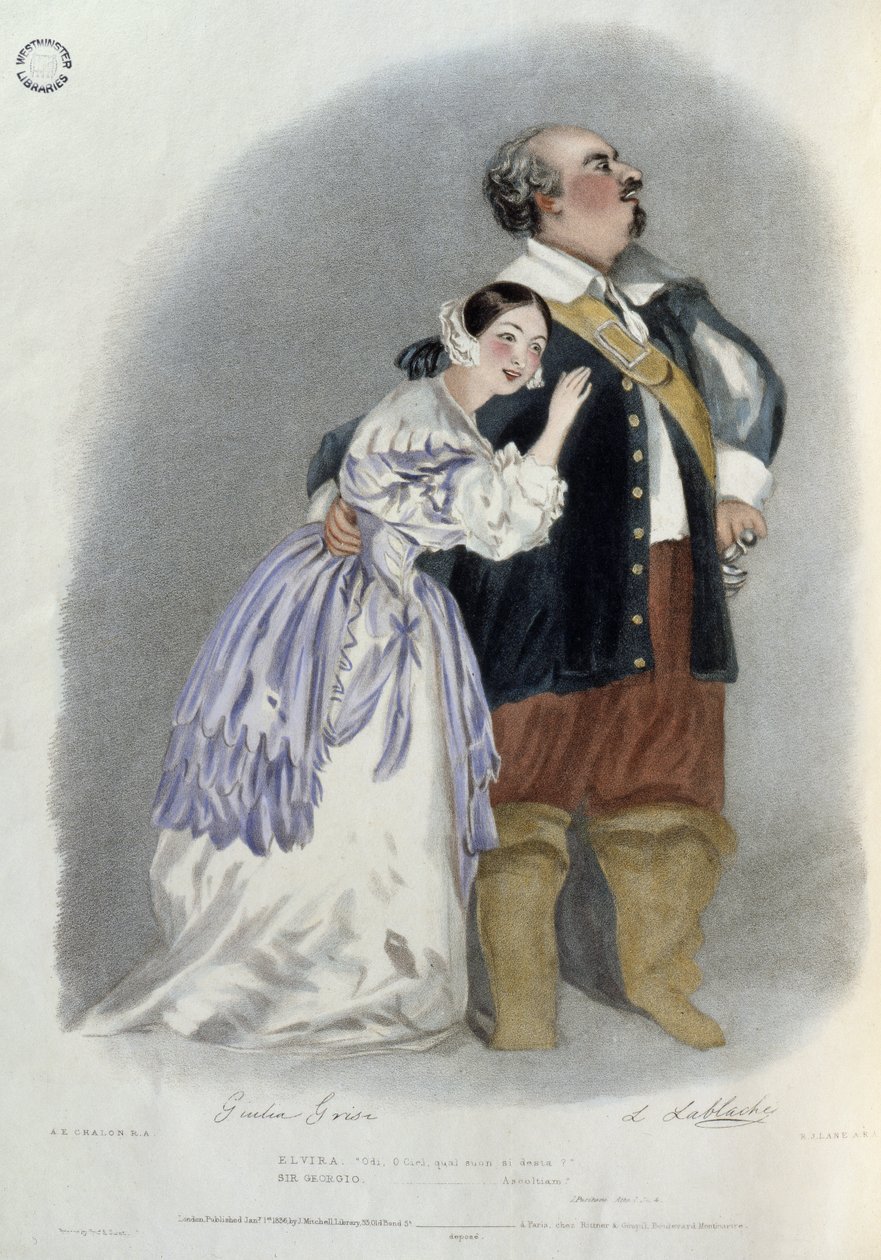 Giulia Grisi (1811-69) Elvira ja Luigi Lablache (1794-1858) Sir George Waltonin roolissa "I Puritani", "Muistoja Italian oopperasta", kaiverrus Richard James Lane (1800-72) 1836 (väri l) tekijältä Alfred Edward Chalon
