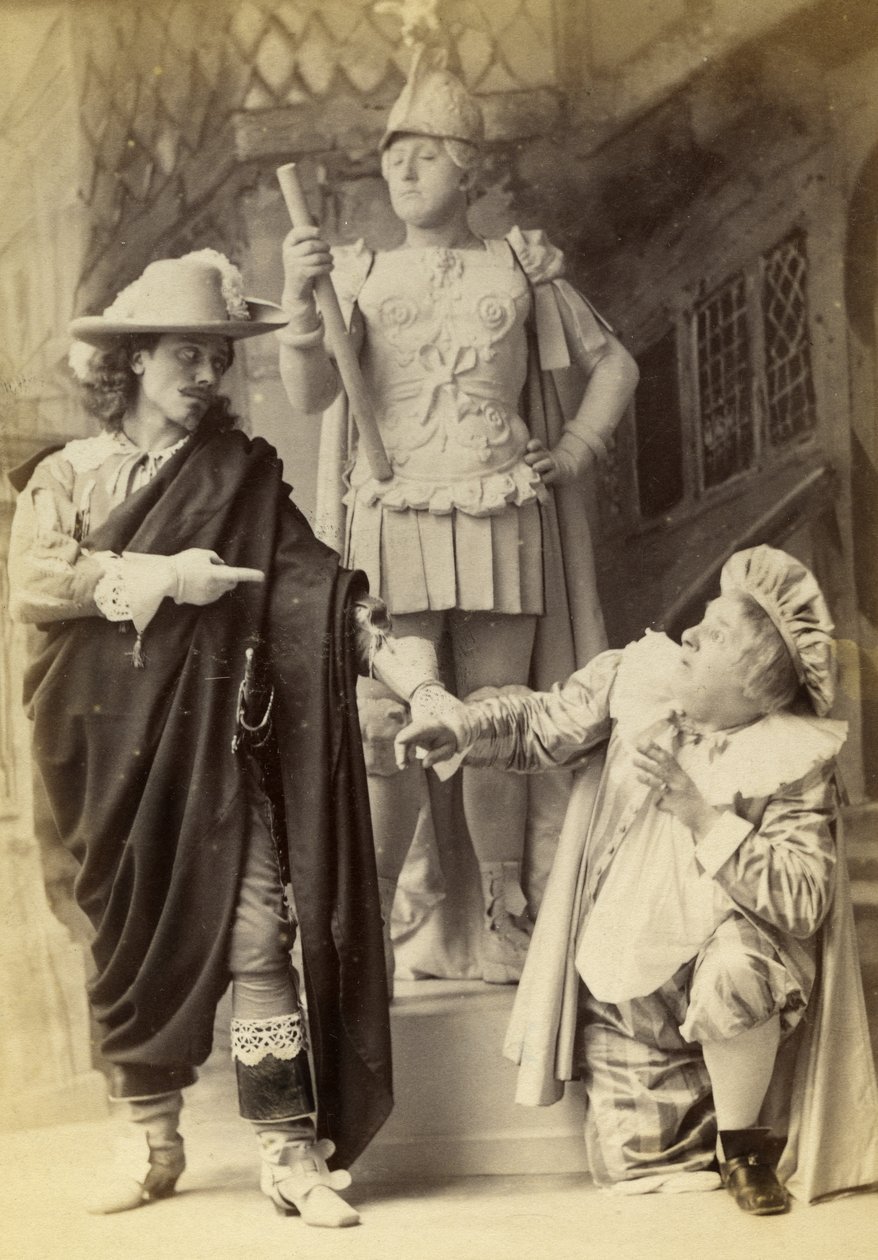 Don Juan, patsas ja Sganarelle, tuotannosta "La Statue du Commandeur" tai "Don Juan Upto Date", 1892 (kaappikuva) tekijältä Alfred Ellis