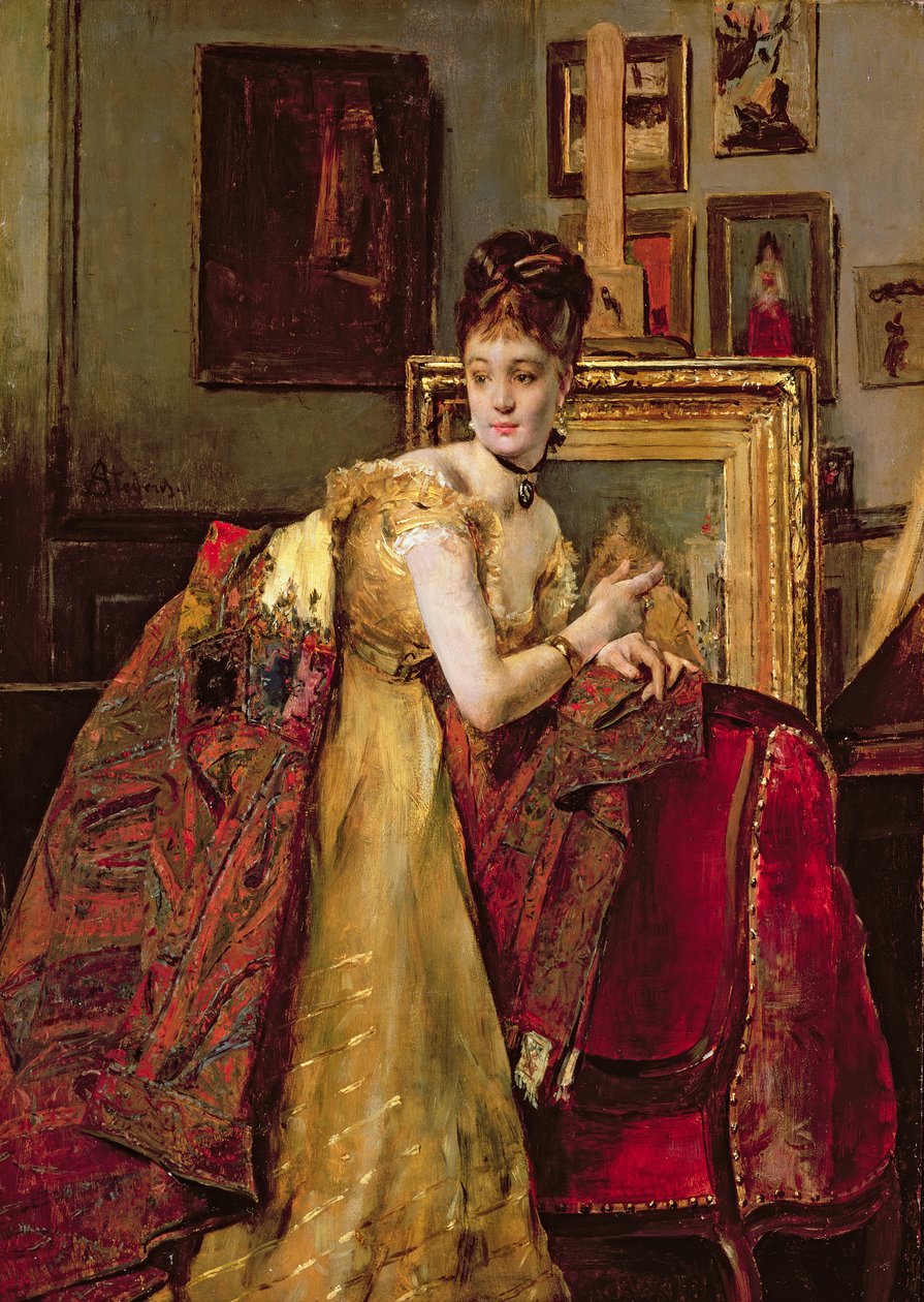Nainen intialaisen huivin kanssa studiossa tekijältä Alfred Emile Stevens