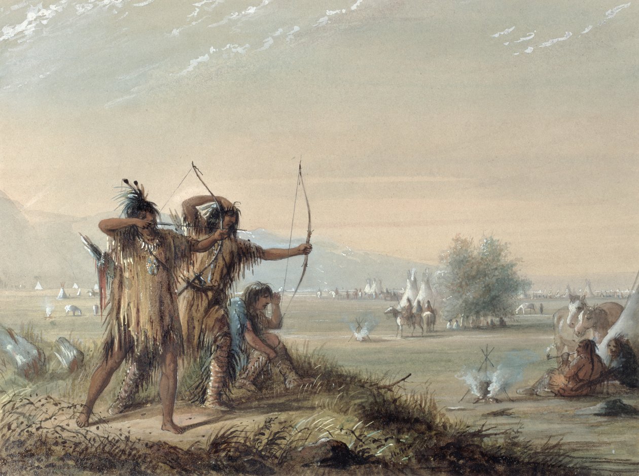 Käärmeen intiaanit testaamassa jousia, 1837 tekijältä Alfred Jacob Miller