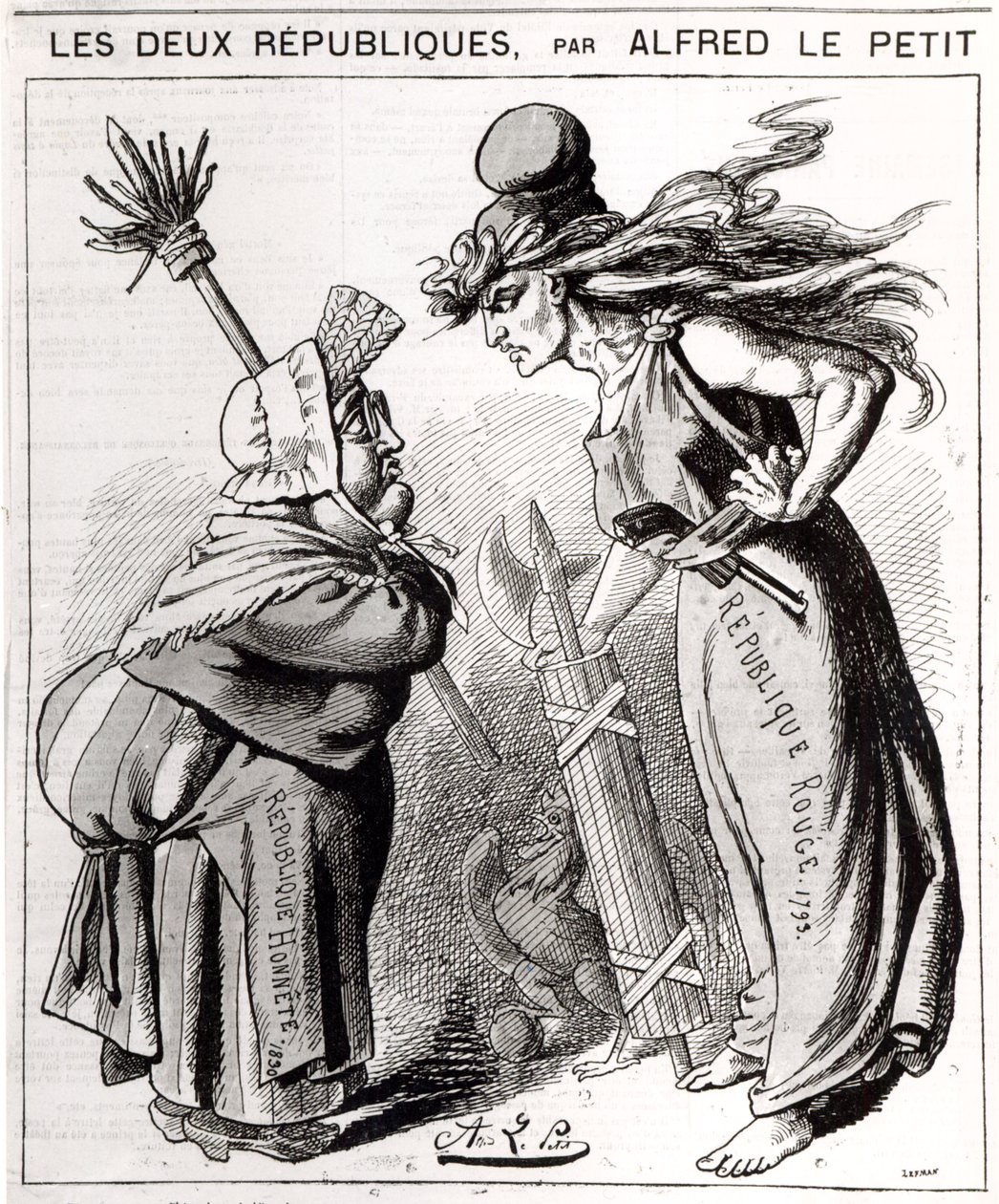 Sarjakuva, joka kuvaa sosiaalista Ranskan tasavaltaa konservatiivista Ranskan tasavaltaa vastaan elokuvasta "Le Grelot", 1872 tekijältä Alfred Le Petit