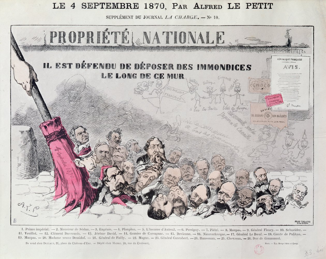 "Defense de deposer des immondices le long de ce mur", karikatyyri toisen imperiumin poliitikoista, "La Charge", 4. syyskuuta 1870 tekijältä Alfred Le Petit
