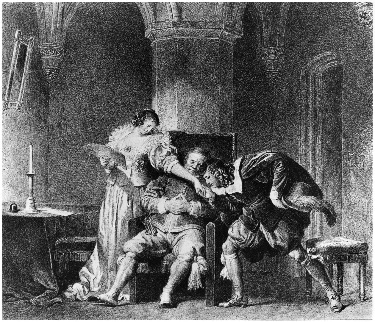 Rosine, Bartholo, kreivi Almaviva, kuvitus Pierre Augustin Caron de Beaumarchais