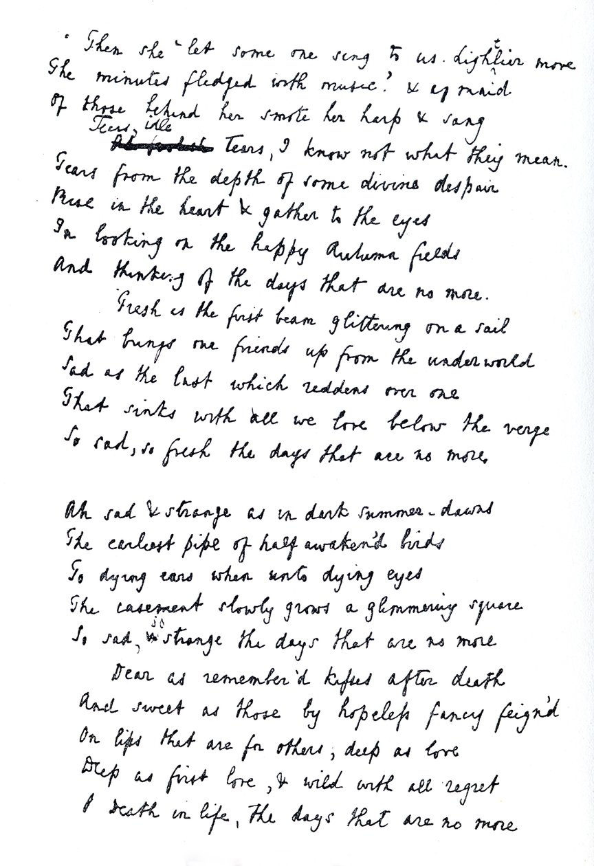 Alkuperäinen luonnos runolle "Tears Idle Tears", julkaistu ensimmäisen kerran n. 1847 tekijältä Alfred Lord Tennyson