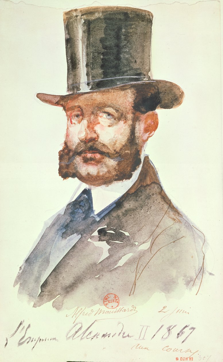 Keisari Aleksanteri II (1818-81) Racesissa, 2. kesäkuuta 1867 (kynä, muste ja wc paperilla) tekijältä Alfred Mouillard