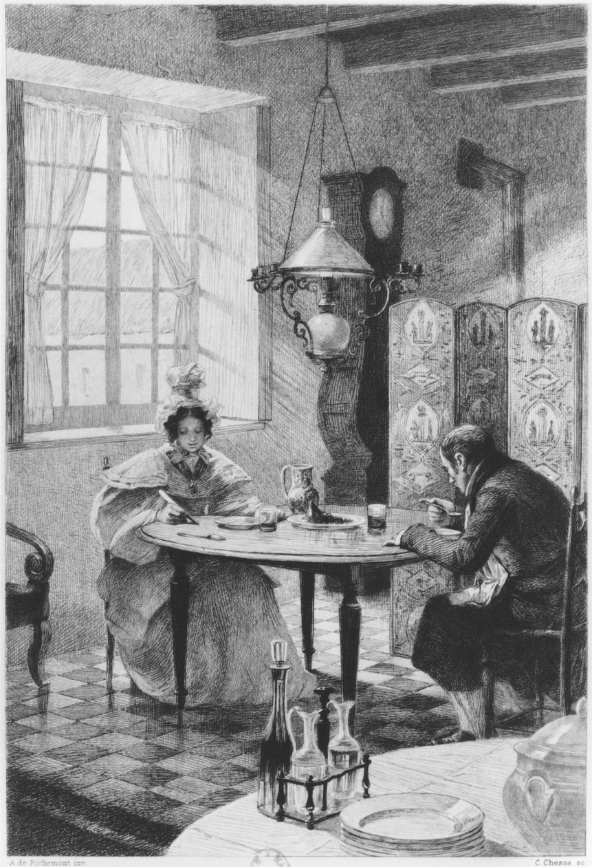 Emma ja Charles Bovary, kuvitus Gustave Flaubertin (1821-80) "Madame Bovarysta" kaivertanut Carlo Chessa (1855-1925) 1905 tekijältä Alfred Paul Marie Richemont