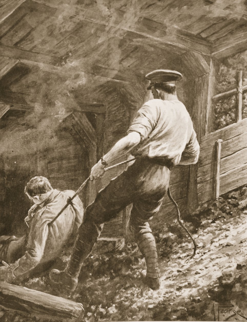 Alikersantti Clapson raahaamassa upseeria, joka oli kaasutettu, ulos miinasta tekijältä Alfred Pearse