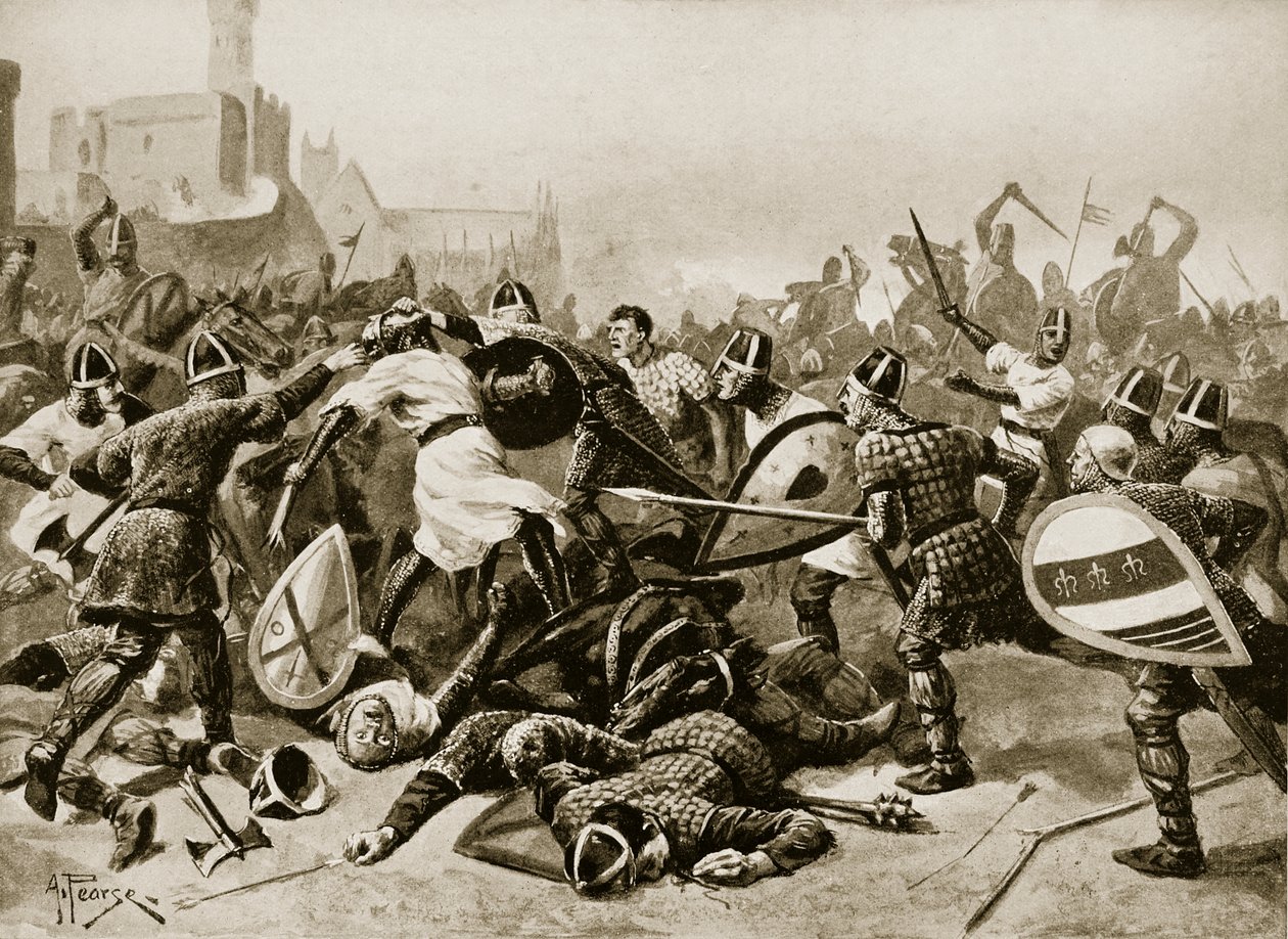 Stephen vangittiin Lincolnin taistelussa, 1141, kuvitus "Hutchinsonin tarinasta brittiläisestä kansasta", n. 1923 tekijältä Alfred Pearse