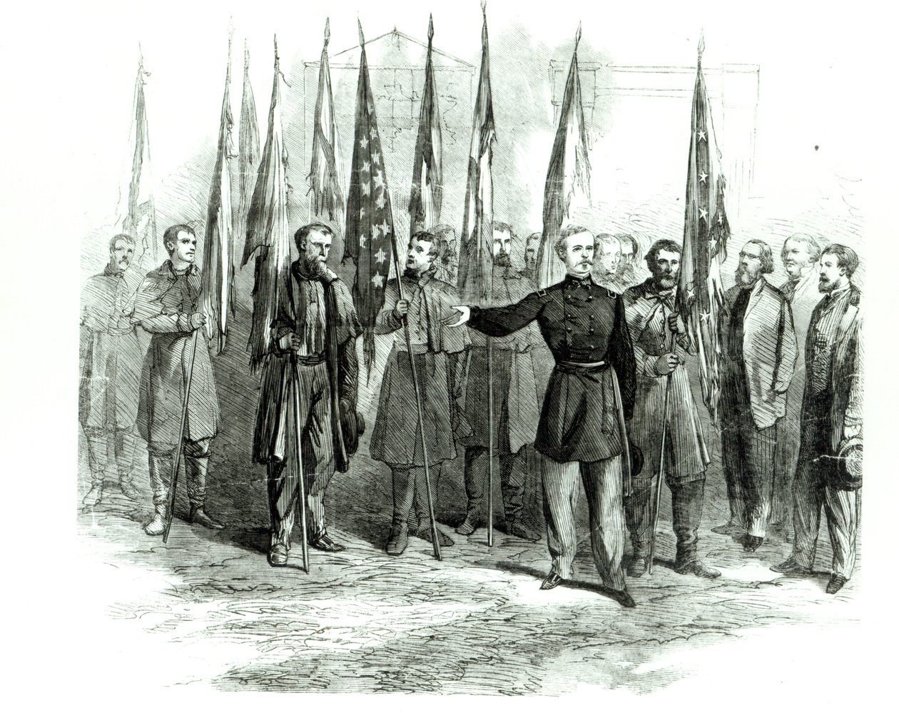 Kenraali Custer esittelee vangittuja konfederaation lippuja Washingtonissa 23. lokakuuta 1864 tekijältä Alfred Rudolph Waud