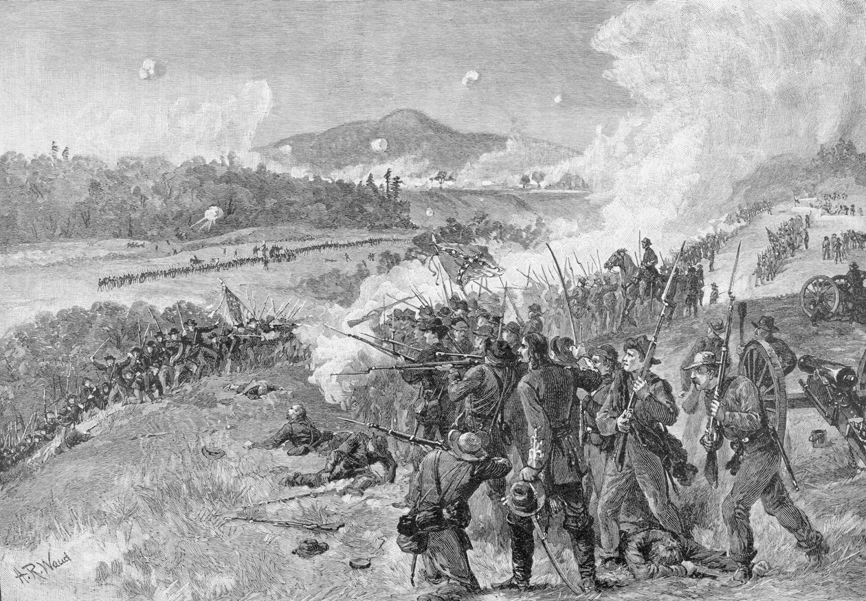 Resacan taistelu, Georgia, 14. toukokuuta 1864, kuvitus teoksesta "Battles and Leaders of the Civil War", toimittaneet Robert Underwood Johnson ja Clarence Clough Buel. tekijältä Alfred Rudolph Waud