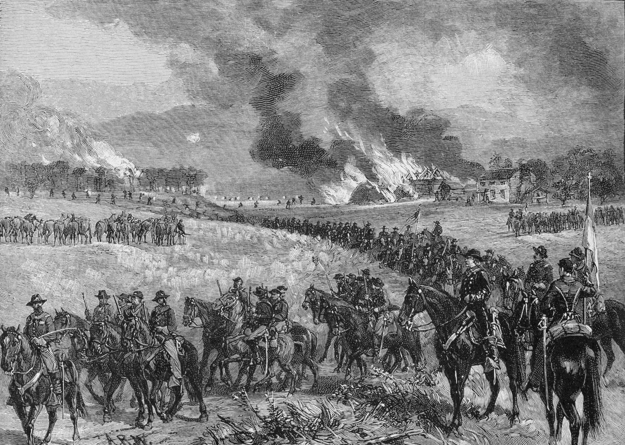 Takavartija: Kenraali Custerin divisioona vetäytymässä Mount Jacksonista, 7. lokakuuta 1864, kuvitus teoksesta "Battles and Leaders of the Civil War", toimittajina Robert Underwood Johnson ja Clarence Cloug tekijältä Alfred Rudolph Waud