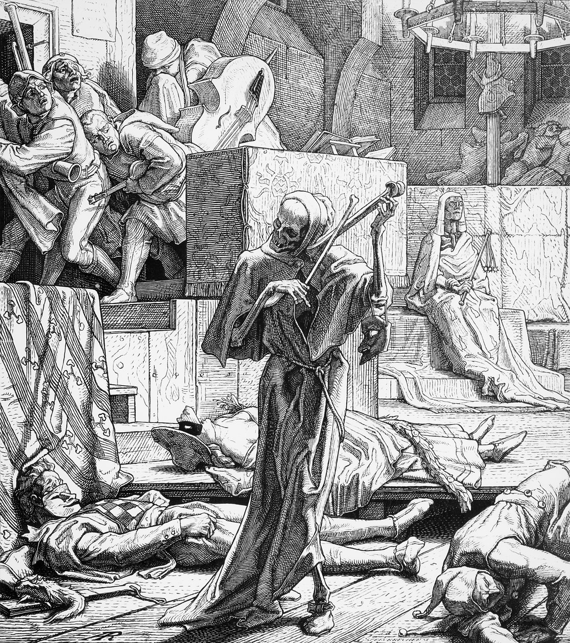 Kuolema salamurhaajana, 1851 (puukaiverrus) tekijältä Alfred Rethel