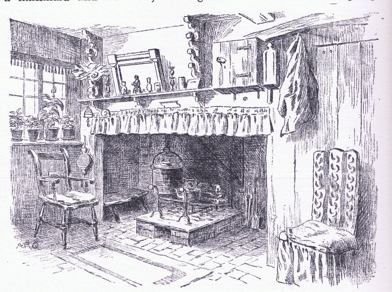 Surreyn mökin sisätilat, Dent & Sons Limitedin julkaisemasta The Cottages and the Village Life of Rural England -teoksesta, 1912. tekijältä Alfred Robert Quinton