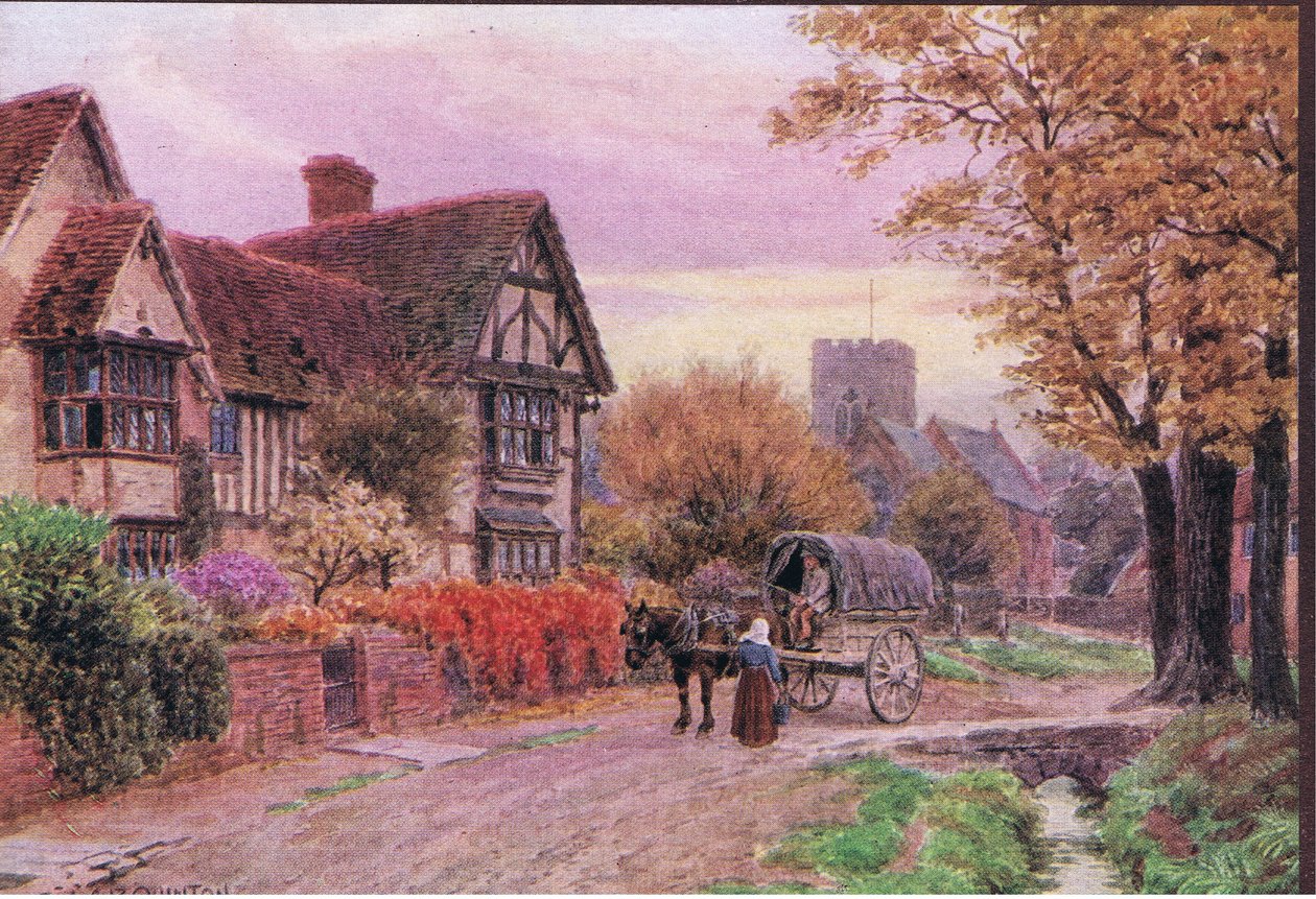 Lokakuun ilta Steventonissa, Berkshiressä, Dent & Sons Limitedin julkaisemasta The Cottages and the Village Life of Rural England -teoksesta, 1912. tekijältä Alfred Robert Quinton