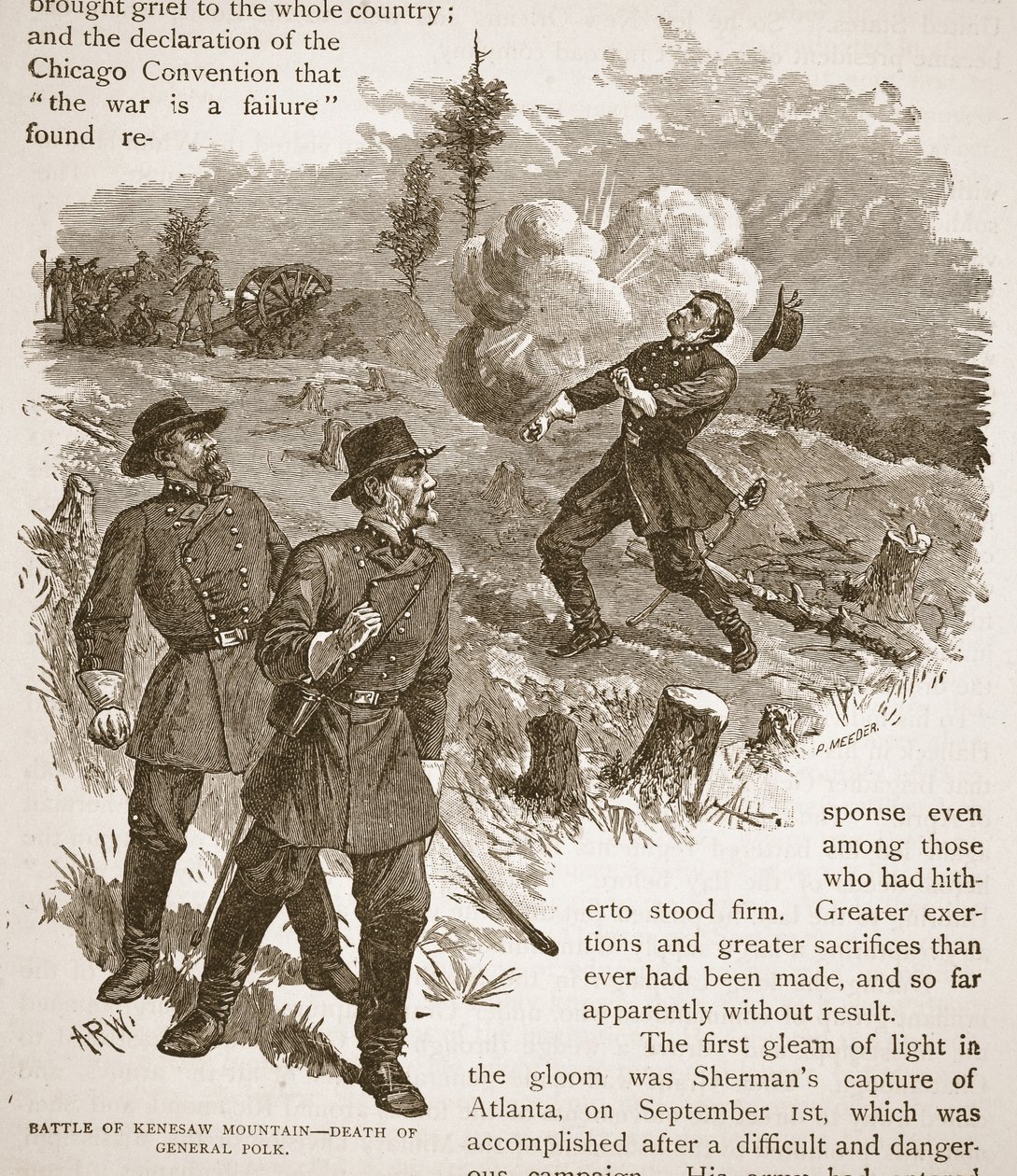 Kenesaw Mountainin taistelu – Kenraali Polkin kuolema kirjapubista. 1896 tekijältä Alfred Rudolph Waud