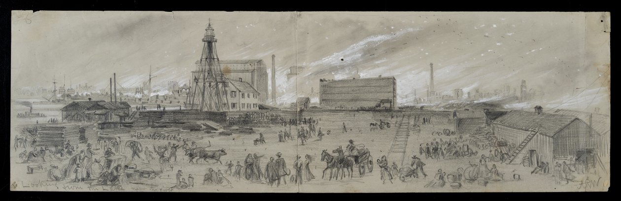 Näkymä Michigan-järveltä lähellä Chicago-jokea Chicagon palon aikana 1871 (kynä ja liitu paperille) tekijältä Alfred Rudolph Waud