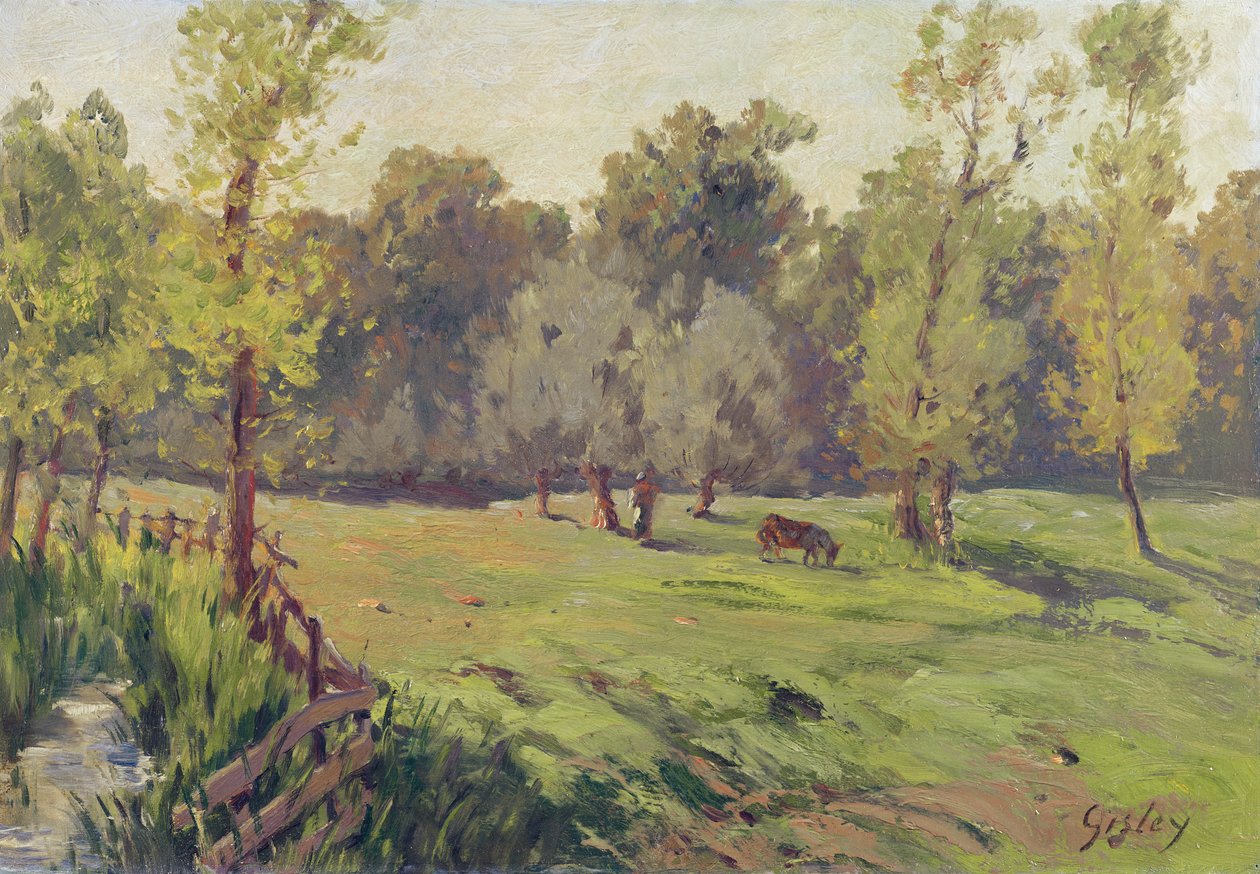Laitume puron ja aitauksen kanssa, n. 1868 tekijältä Alfred Sisley