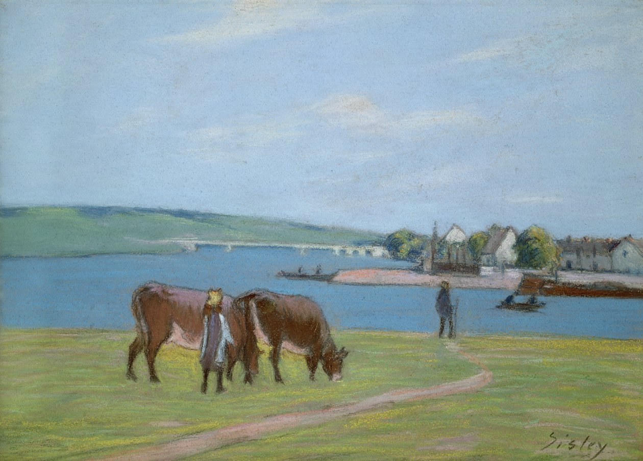 Lehmät Seinen rannalla Saint-Mammesissa (pastelli) tekijältä Alfred Sisley