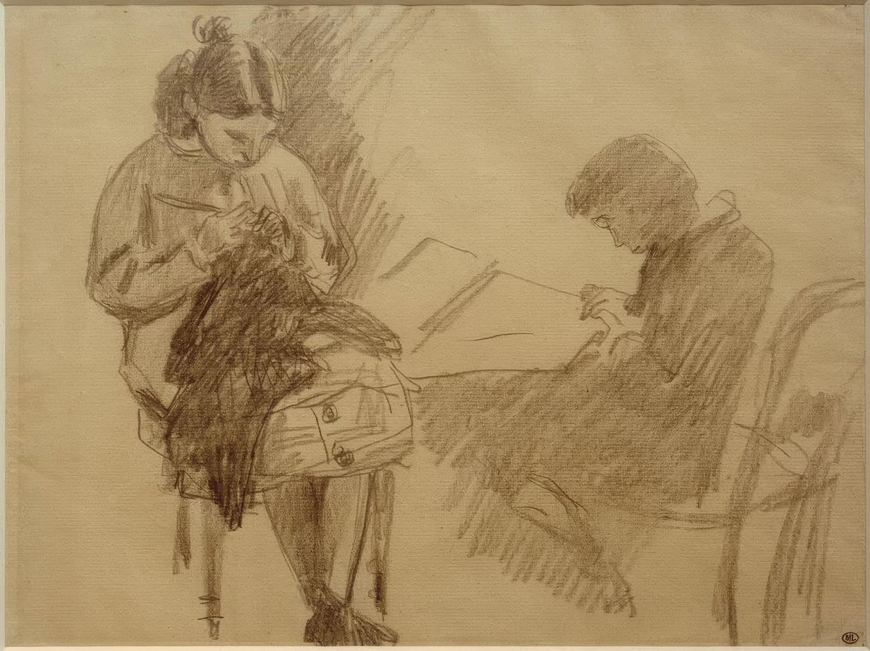 Jeune fille assise, tricotant, et un jeune garçon, assis rentant un feuille tekijältä Alfred Sisley