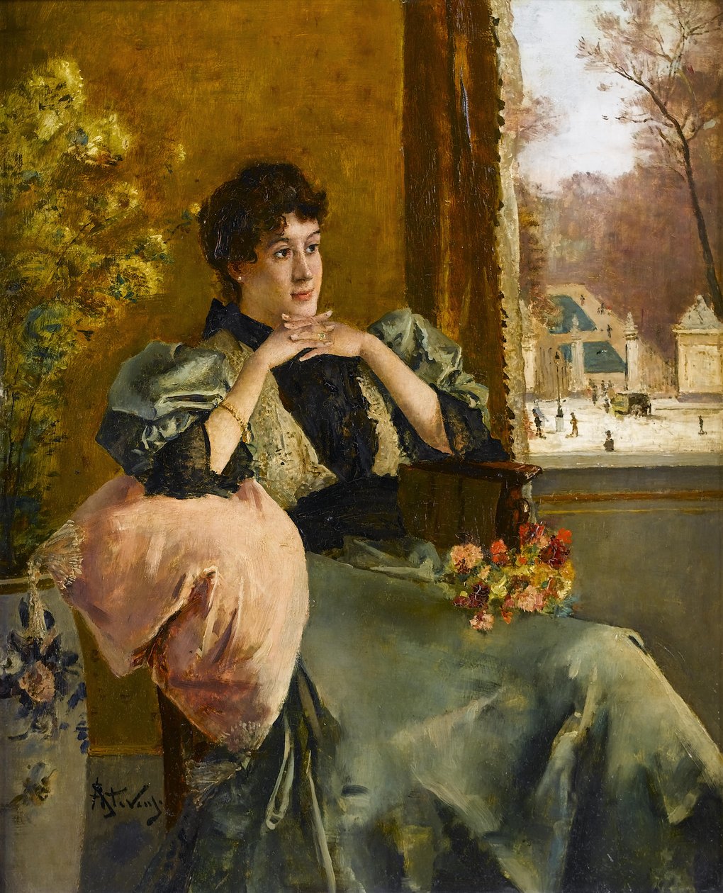 Femme mietteliäs dune fenêtre tekijältä Alfred Emile Stevens
