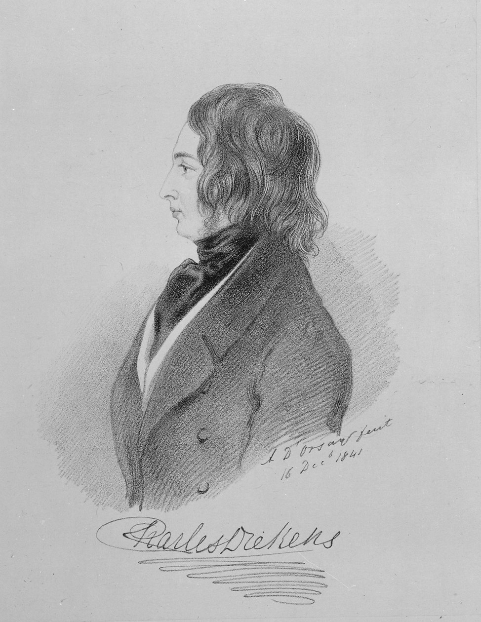 Charles Dickensin (1812-70) muotokuva 16. joulukuuta 1841 (hiili paperilla) tekijältä Alfred d