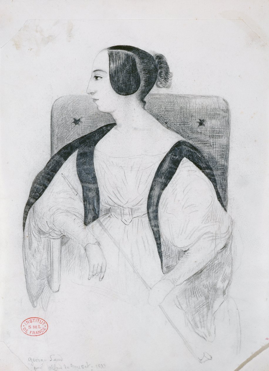 George Sand (1804-76) Istuu nojatuolissa, 1833. tekijältä Alfred de Musset