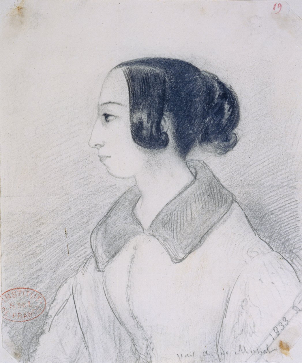 George Sand (1804-76) profiilissa, 1833 tekijältä Alfred de Musset