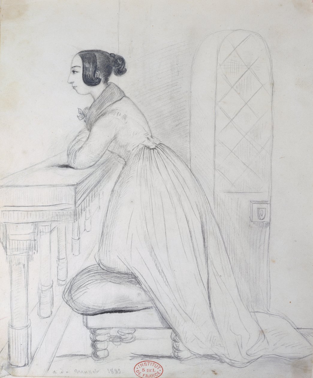 George Sand (1804-76) polvistuu puffin päällä ja kyynärpäät kaiteen päällä, 1833 tekijältä Alfred de Musset