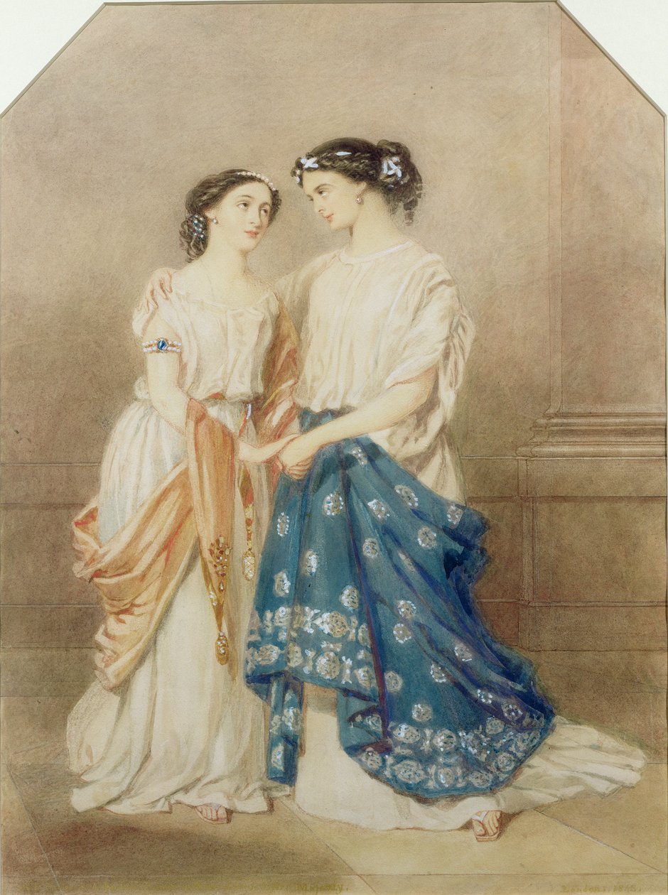 Kohtaus vuoden 1848 "Antigonen" tuotannosta St. James -teatterissa Mllen kanssa. Baptiste hahmona Ismeme ja Mme. Pechter Antigonena, 1848 tekijältä Alfred Edward Chalon
